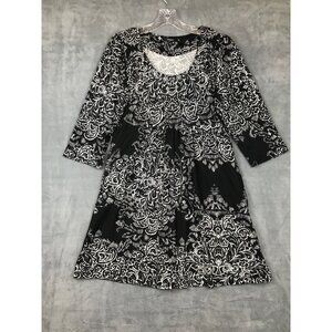 Reborn Babydoll Fit Dress Womens XL Black and White Print 3/4 Sleeve 35" Length
